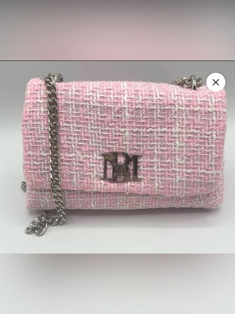 Badgley Mischka Pink Tweed Shoulder Bag with Silver Chain